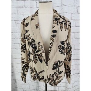 Coldwater Creek Linen Blend Jacket Open Front Floral Applique Classic Chic Large